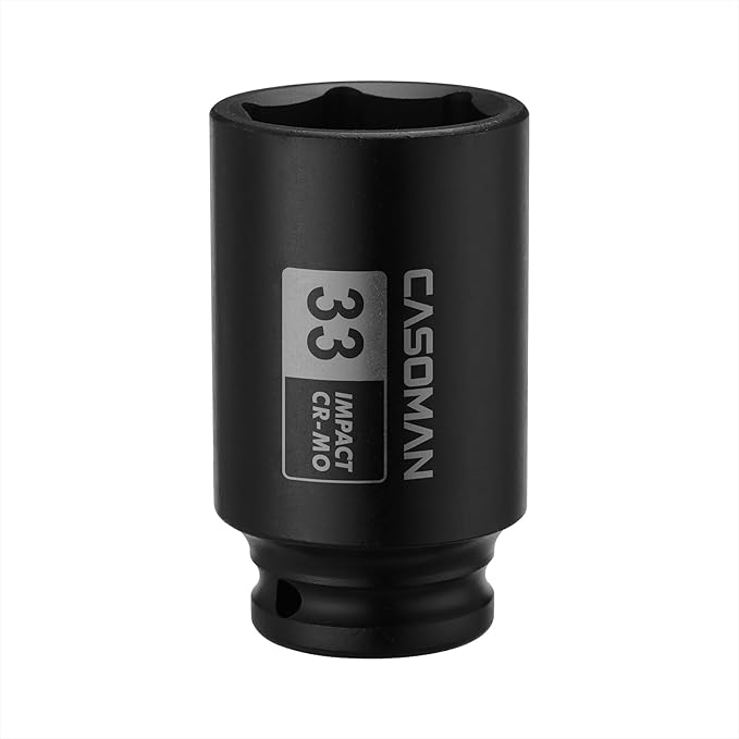 CASOMAN 1/2-Inch Drive x 33 mm Deep 6-Point Impact Socket, CR-MO, 1/2" Dr. Axle Nut Socket for Easy Removal of Axle Shaft Nuts (33MM)