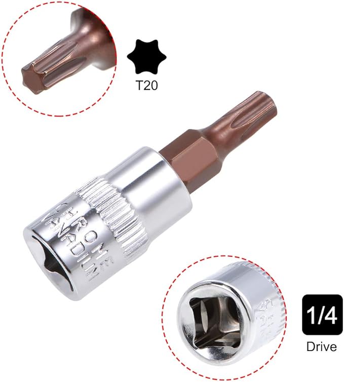 uxcell 3pcs 1/4" Drive x T20 Torx Bit Socket, S2 Steel Bits CR-V Sockets 38mm Length Use with Ratchet Wrench, Slide Bar, Extension Rod