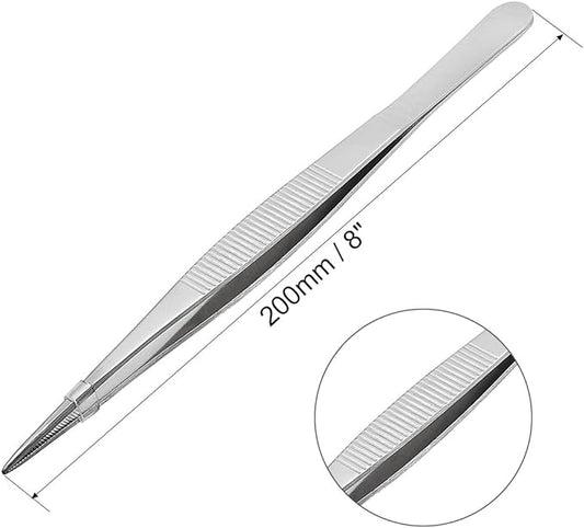 uxcell 8-Inch 430 Stainless Steel Straight Pointed Tweezers with Serrated Tip Daily Garden Tool