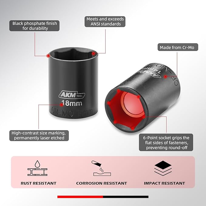 3/8 Inch Drive 16mm Magnetic Impact Socket Set, 1 PCS Metric, 6 Point, Cr-Mo, Square Drive, Magnetic Socket