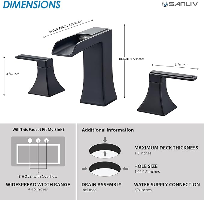 Black Waterfall Bathroom Faucet, Sanliv 3-Piece Widespread Bathroom Faucet for 3-Hole Sinks 4-8 inch, Modern 2-Handle Vanity Faucet with Pop-Up Drain, Matte Black