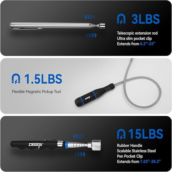 DISEN 36-Inch Rolling Magnetic Sweeper with Wheels 40-Inch Telescoping Adjustable Handle 55-Pound Capacity with 3 Pack Telescoping Magnet Pick-up Tool Set Heavy-Duty Magnet to Pick Up Nails