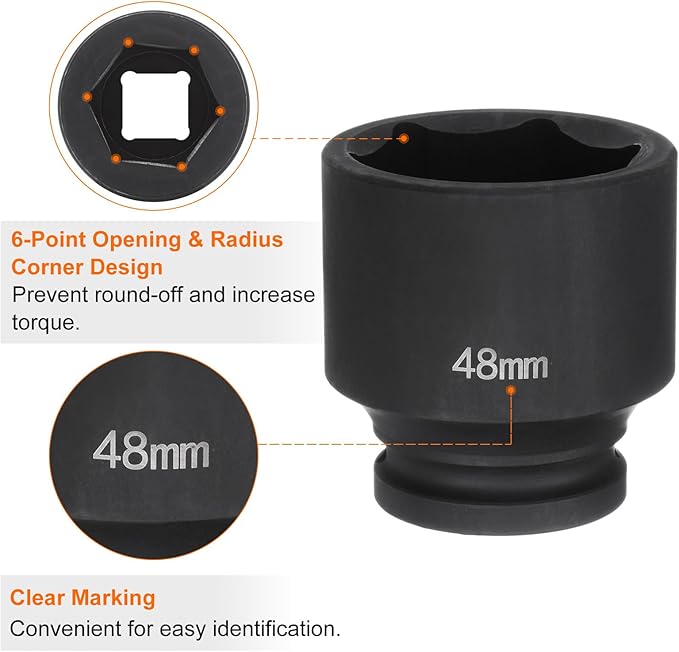 HARFINGTON 6-Point Impact Socket 3/4" Drive 48mm Metric 40Cr Alloy Steel Spindle Axle Nut Impact Socket