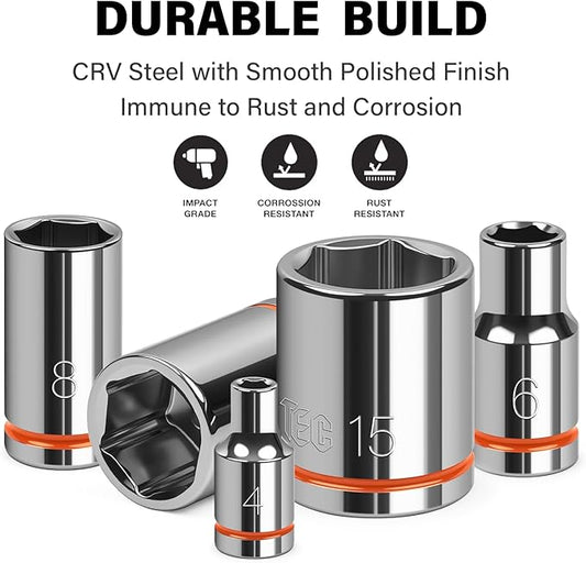 1/4" Drive Metric Master Socket Set, 14-Piece Shallow Hex Socket Set (4mm-15mm), Cover Most Commonly Sizes, 6 Point, Chrome Vanadium Steel with Molded Case