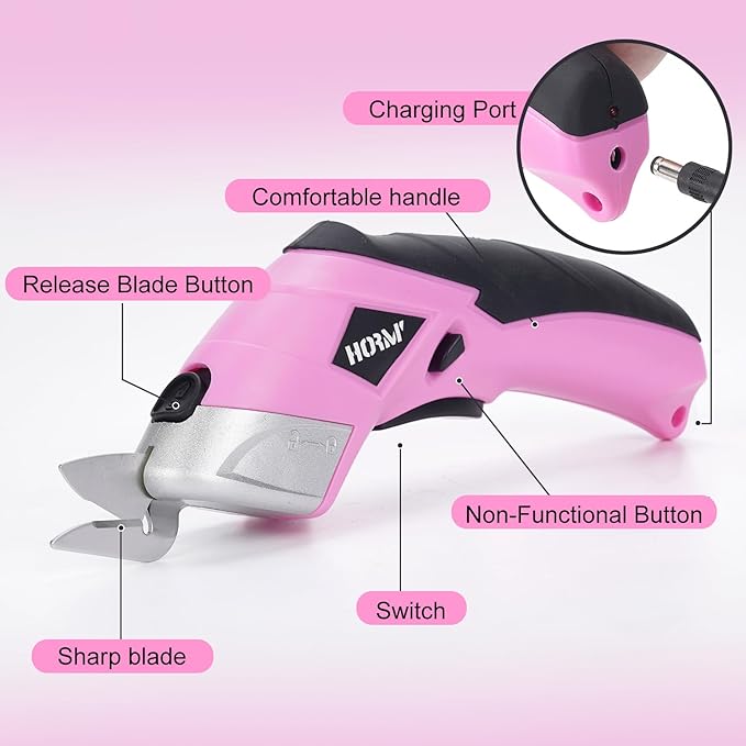 Cordless Electric Scissors,3.7V Fabric Cutter,Equipped with 2 Blades and 1 Charging line,Electric Cardboard Cutter for Fabrics,Cardboard,Carpets (Pink)