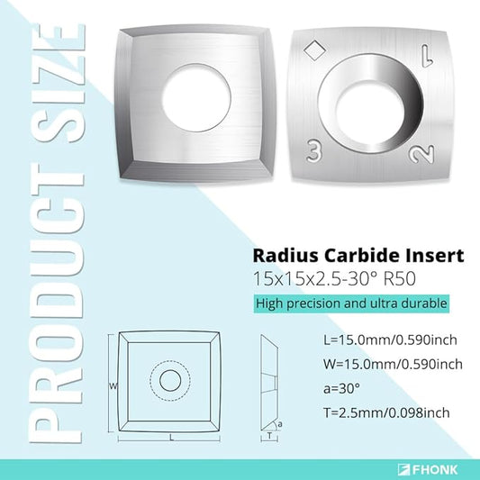 15mm Arc-edge Square Carbide Inserts Cutters, for Woodturning Replacement Cutter Knives, Fits Spiral, Helical Planer Cutter, Wood Lathe Turning Tool, 10-Pack (15x15x2.5-30째 R50)