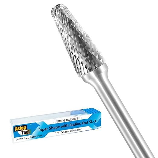 SL-3 Tungsten Carbide Burr Rotary File Taper Shape with Radius End Double Cut with 1/4" Shank for Die Grinder Drill Bit