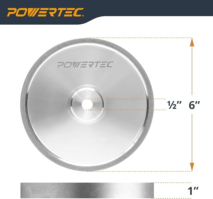 POWERTEC CBN Grinding Wheel 6 Inch 320 Grit, 1" Wide, 1/2" Arbor ??Bench Grinder Sharpening Wheel for HSS Tools, Lathe Chisels, and Woodturning Tools (15703)
