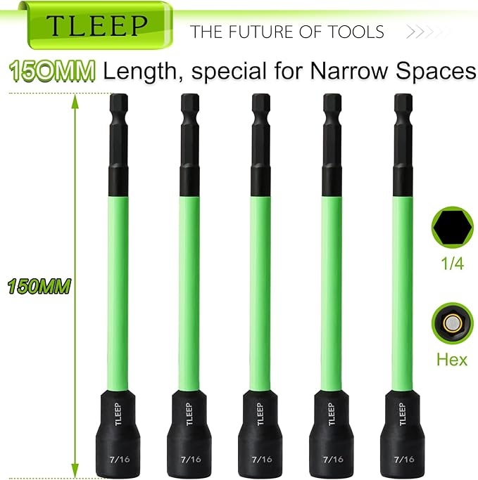 150MM 7/16" Magnetic Power Nut Driver Set for Impact Drill, 1/4" Hex Head Drill Bit Set SAE Screwdriver Socket Set, Chrome Vanadium Steel Quick Change Chuck Socket Wrench Nut Setters