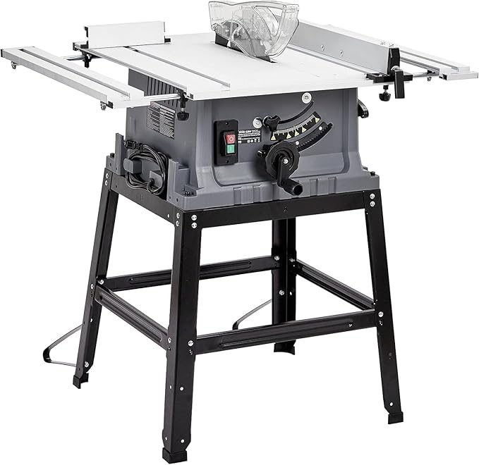 Table Saw 10 Inch, Portable Benchtop Table Saw, Stand & Push Stick, 5000RPM, Adjustable Blade Height, with Port for Connecting Dust Collector, 90°Cross Cut & 0-45°Bevel Cut