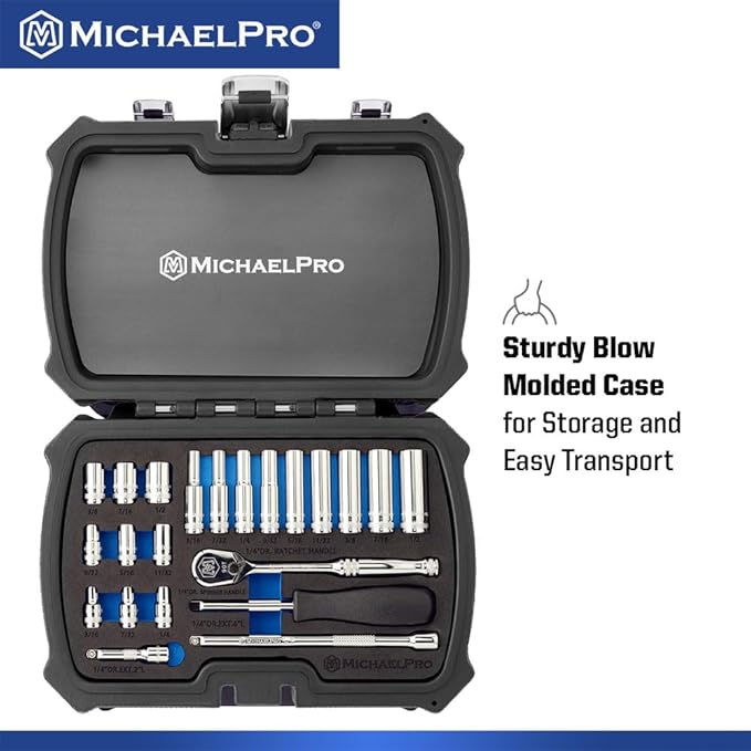 MichaelPro 22-Piece 1/4'' Drive Socket Set SAE 3/16'' - 1/2'', 90-Tooth Standard & Deep Sockets, CR-V Steel, 6-Point Design, with Spinner Handle, Extension Bar, Ratchet Handle | MP005058
