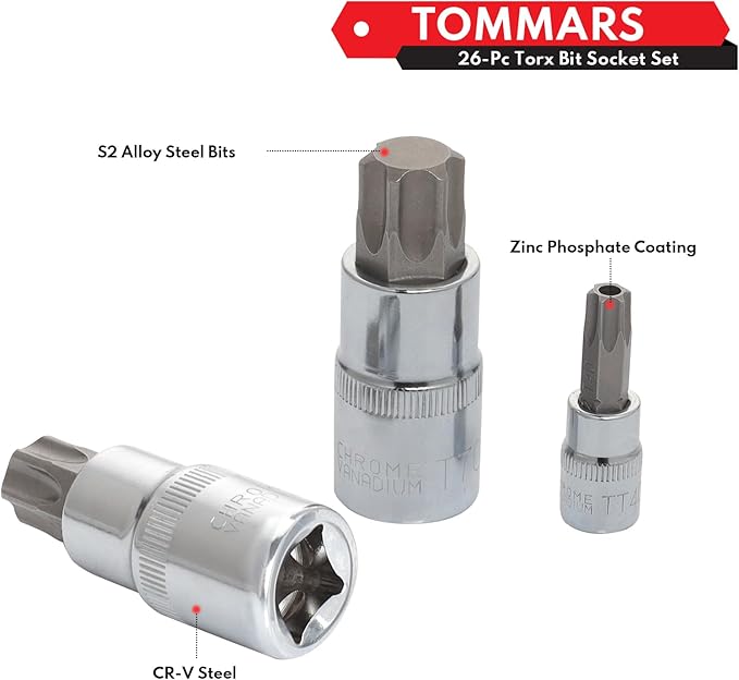 TOMMARS 26-PC Torx Socket Set, Torx Star Tamper Proof Security Bit Socket Set 1/4", 3/8", 1/2" Drive T Sockets T10-T70 & TT10-TT70, S2 Alloy Steel