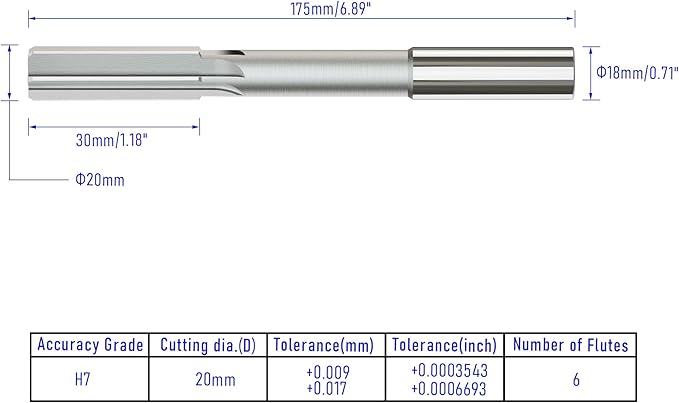 Chucking Reamer 20mm, H7 HSS Cobalt M35 Lathe Machine Reamer Metric, 6 Straight Flutes, Round Straight Shank Milling Cutting Tool, for Stainless Steel Alloy Copper Metal