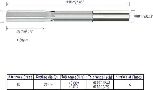 Chucking Reamer 20mm, H7 HSS Cobalt M35 Lathe Machine Reamer Metric, 6 Straight Flutes, Round Straight Shank Milling Cutting Tool, for Stainless Steel Alloy Copper Metal