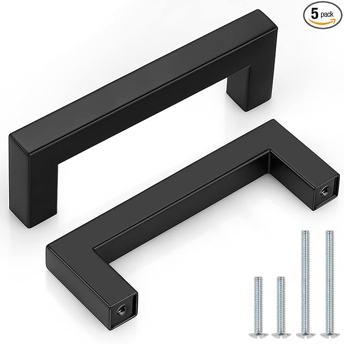 Probrico (5 Pack) Matte Black Square Cabinet Pulls 3-1/2 Inch(90mm) Hole Center Modern Kitchen Cabinet Hardware 4 inch(102mm) Overall Length Stainless Steel Drawer Handles