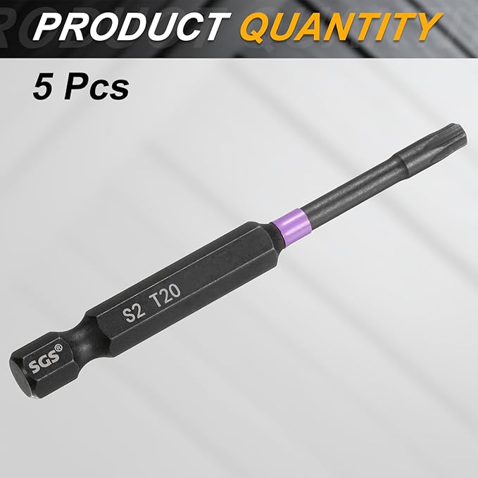 HARFINGTON 5pcs T20 Torx Head Impact Screwdriver Bits 1/4" Hex Shank 2.8" (70mm) Long Magnetic No Hole Tamper Proof 6 Point Star Screw Driver Drill Bits Phosphate S2 Steel Power Tools