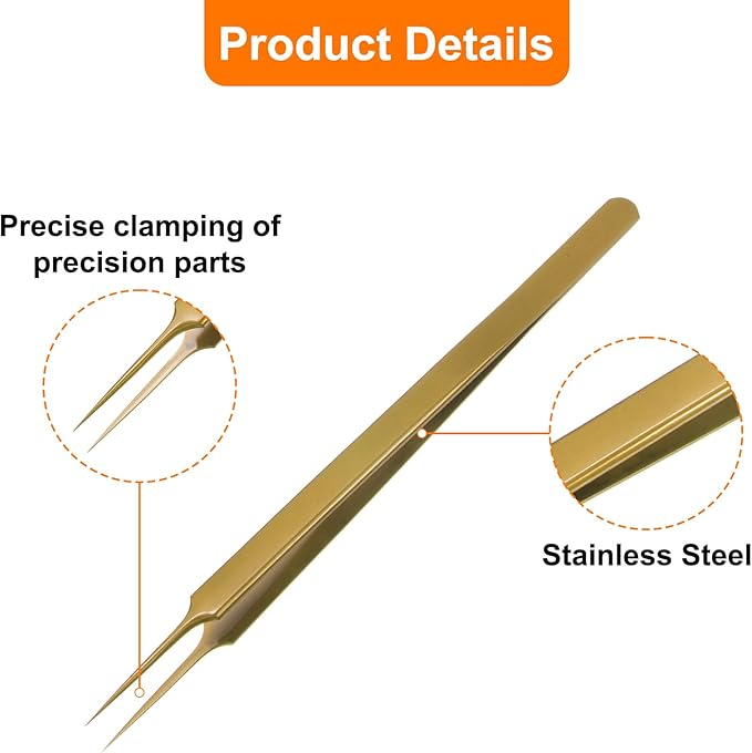 HARFINGTON 2pcs Stainless Steel Precision Tweezers 6.3 Inch Long Handle Pointed Tip Tweezers Multi Purpose for Craft Industrial Work Laboratory Use, Gold