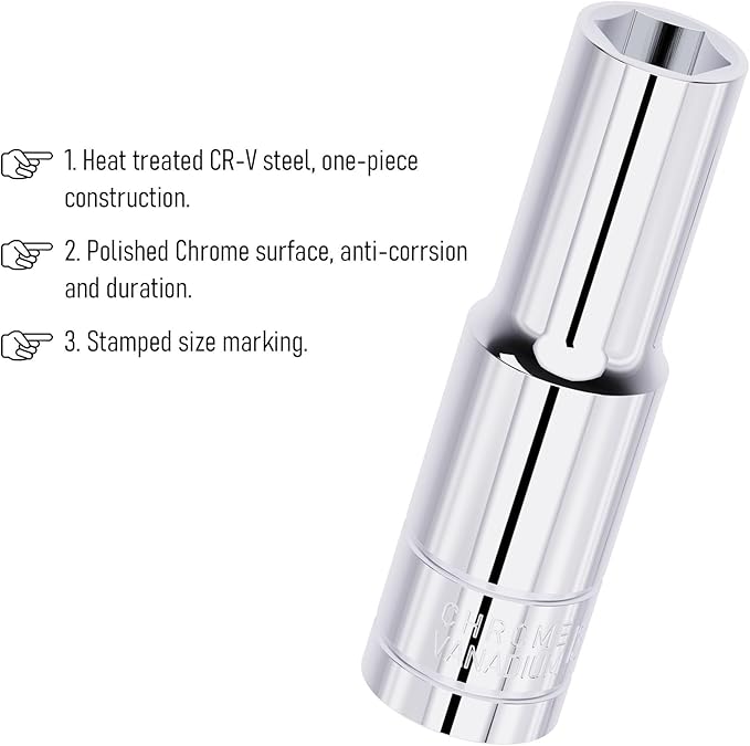 11mm Deep Socket, 1/2 Inch Drive, 6-Point, Metric, Heat Treated CR-V Steel Sockets, Full Polishing, 3.1 Inch Length