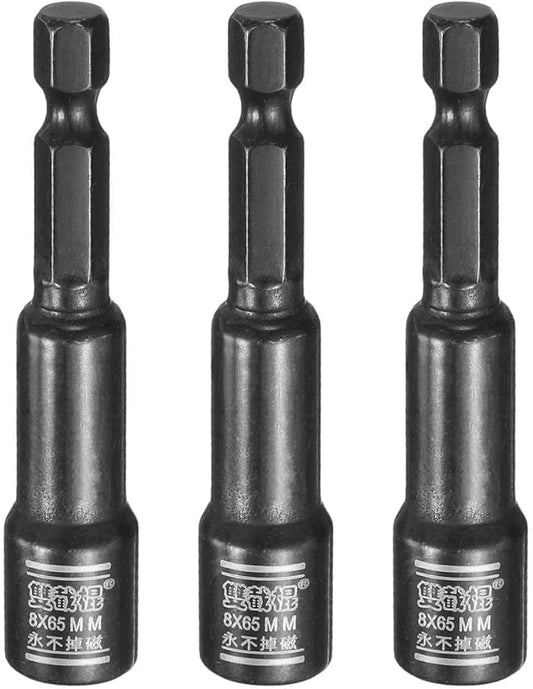 HARFINGTON 3pcs Nut Driver Drill Bit 8mm Metric Socket 1/4" Hex Shank 2.6" (65mm) Long Magnetic 6-Point Sockets Quick Change CR-V Steel Bolt Setters for Power Drill Drivers