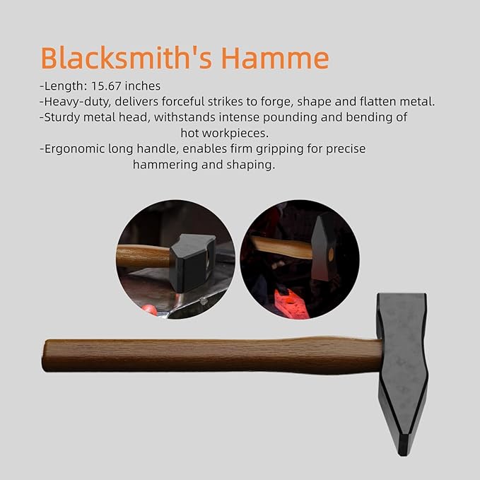 5PCS Blacksmith Tools with Blacksmith Tongs and Blacksmith Hammer,3/8inch V-Bit Bolt,V-Bit Blade,Flat Jaw,Square Jaw, and Assembled Blacksmithing Tongs for Forging Tools and Equipment
