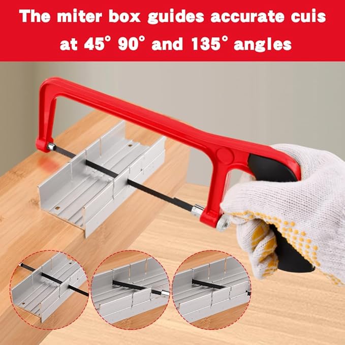 Mini Metal Mitre Box and Saw Set, 6 Inch Extra Fine Cut Hand Saw with 2 Hacksaw Replacement Blades & Gloves for Crafts, Hobby Projects, Cutting Wood, Soft Metal (Red)