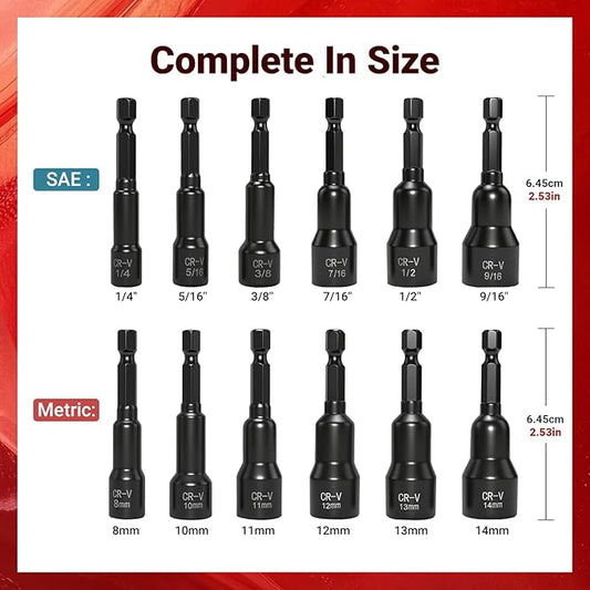 12-Piece Magnetic Nut Driver Set,Impact Power Hex Nut Driver Drill Bit Master Kit, SAE(1/4"-9/16") & Metric(8mm-14mm) Size, 1/4??Quick Install & Release, Cr-V Steel