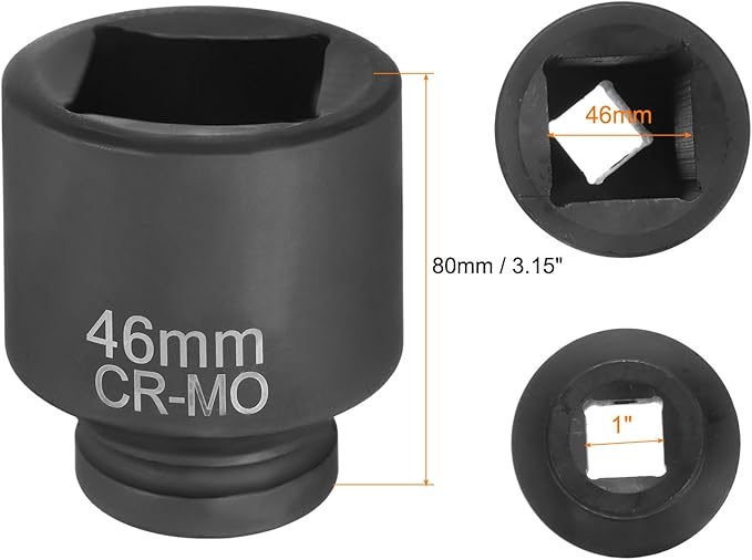 HARFINGTON 4 Point Square Socket 1" Drive 46mm Metric Square Impact Socket CR-MO Blackening Standard Wheel Sleeve Pneumatic Sleeve Tool for Auto Repair Mechanical Maintenance Home Use