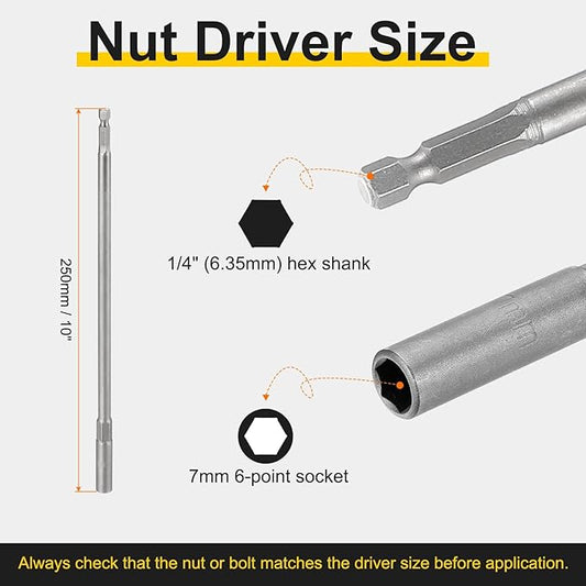 HARFINGTON 2pcs Nut Driver Drill Bit 7mm Metric Socket 1/4" Hex Shank 10" (250mm) Extra Long Magnetic 6-Point Sockets Quick Change 40Cr Steel Bolt Setters for Power Drill Drivers