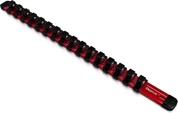 Olsa Tools Socket Organizer - 1/2-Inch Drive Socket Holder Rail - Red Aluminum Rail Stores 16 Impact or Chrome Sockets - Professional Grade Metric or SAE Socket Organizer - Part: 1012