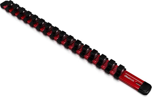 Olsa Tools Socket Organizer - 1/2-Inch Drive Socket Holder Rail - Red Aluminum Rail Stores 16 Impact or Chrome Sockets - Professional Grade Metric or SAE Socket Organizer - Part: 1012