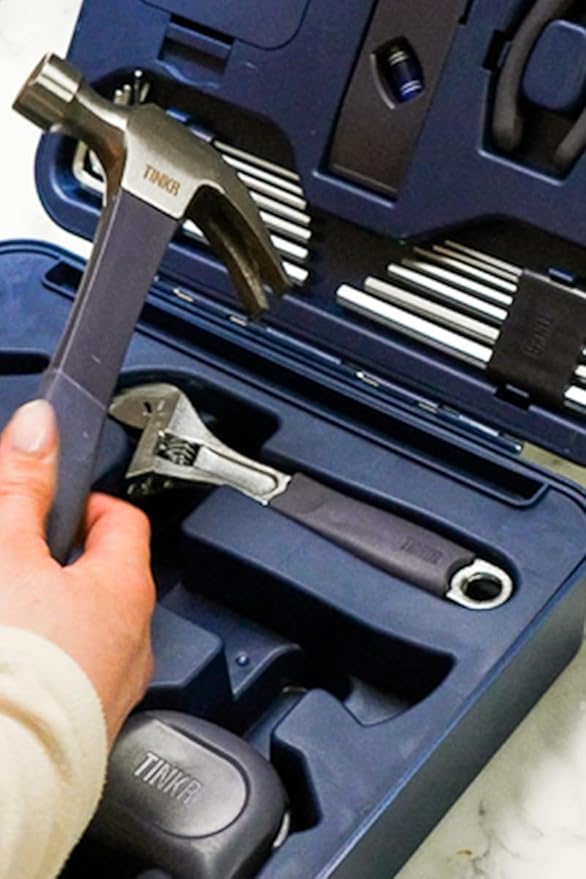 TINKR Modern Tool Box Workstation ??Full Tool Set with Hammer, Ratchet Screwdriver, Allen Keys, Wrench, Knife, Tape Measure, Level, Pliers & Phone Holder