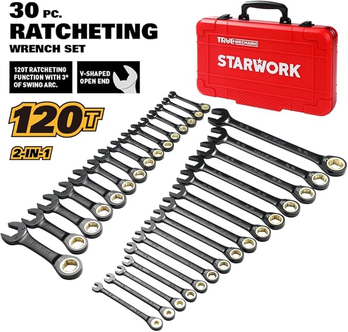 STARWORK TRUE MECHANIC??30-Piece, 120T SAE&Metric Ratcheting Wrench Set, Gift Series with Red case, Professional