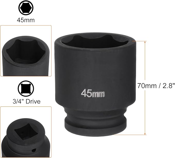 HARFINGTON 6-Point Impact Socket 3/4" Drive 45mm Metric 40Cr Alloy Steel Spindle Axle Nut Impact Socket