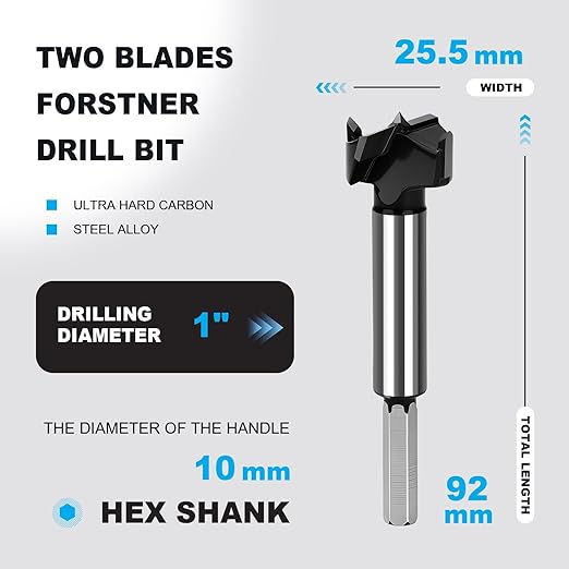 1 Inch Forstner Drill Bit Carbide Tipped,Woodworking Hinge Cutter for Precise Flat Bottom Holes in Hard Wood,Plywood,Plastic - Professional Grade
