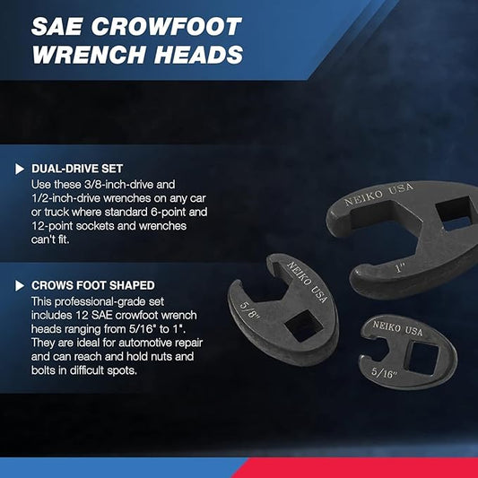 Neiko 03323A Crowfoot Wrench Set 1/2" and 3/8??Drive, 12 Piece, SAE Crows Foot Wrench Sizes 5/16??to 1?? Chrome-Moly Flare Nut Wrench Set
