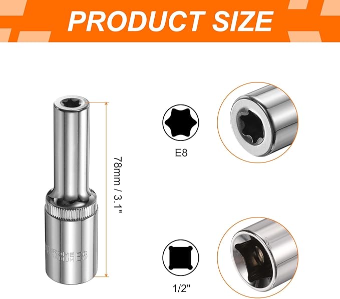 HARFINGTON 3pcs E-Torx Socket 1/2" Drive E8 Star Female Socket 3.1" Length External Torx Deep Sleeve Chrome Plating 6 Point Spline Sleeve for Auto Repairs Home Maintenance