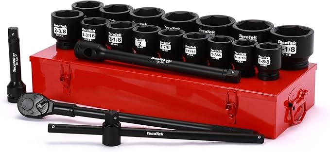 1" Drive Jumbo Shallow Impact Socket Set, 21-Piece Jumbo Assortment, SAE, 1-5/8 Inch to 3-1/8 Inch, CR-MO Steel, Ratchet, Extension Bar and Metal Case