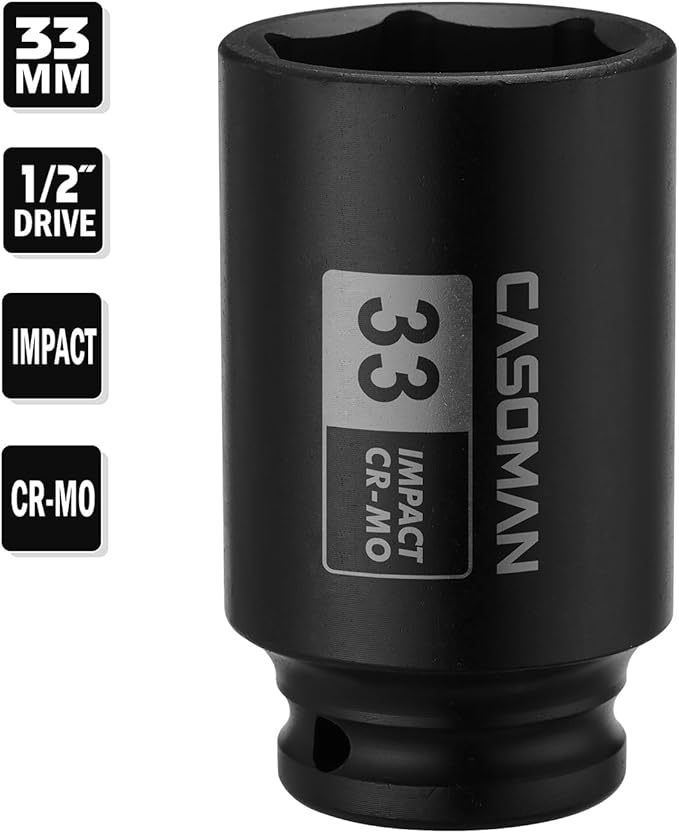 CASOMAN 1/2-Inch Drive x 33 mm Deep 6-Point Impact Socket, CR-MO, 1/2" Dr. Axle Nut Socket for Easy Removal of Axle Shaft Nuts (33MM)