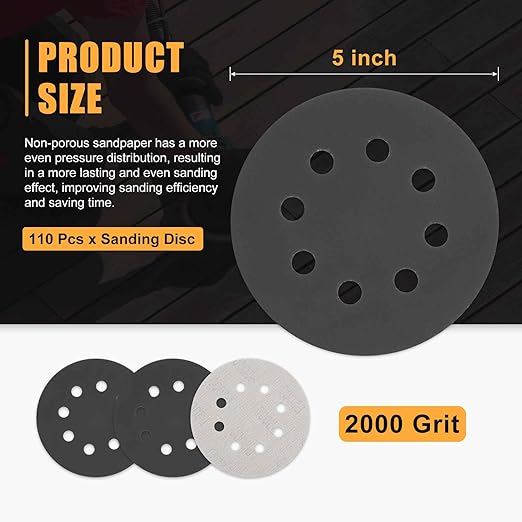 110 Pcs 5 Inch Sanding Disc 2000 Grit 8 Hole Round Hook and Loop Sandpapers for Metal Wood Automotive Boat Building Grinding and Polishing, Black