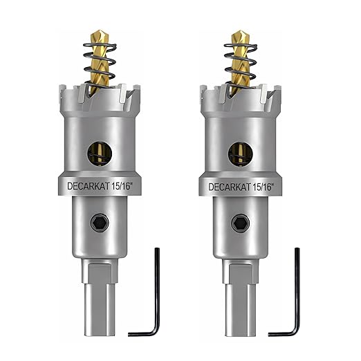 2-Pack 15/16" TCT Hole Saws for Hard Metal, Heavy Duty 24mm Tungsten Carbide Tipped Hole Cutters Set with Spring-Loaded Pilot Drill Bits for Stainless Steel, Metal, Iron, and Plastic.