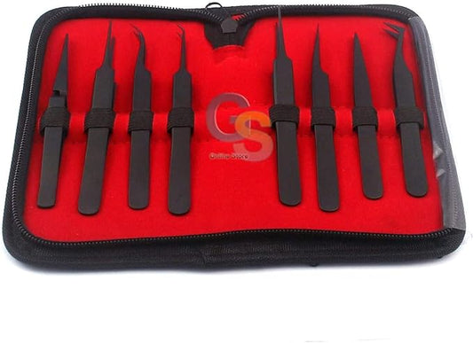 G.S SET OF 8 PIECES BLACK PRECISION NON-MAGNETIC ANTI-STATIC ESD TWEEZERS STAINLESS STEEL FORCEPS FOR ELECTRONICS, JEWELRY-MAKING, LABORATORY WORK AND MORE