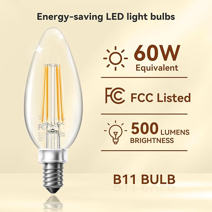 TJOY LED Candelabra Bulbs Dimmable, 60W Equivalent Chandelier Light Bulb, E12 Small Base, 4.5W 2700K Soft Warm White, B11 Vintage Filament Clear Glass Candle Light for Ceiling Fan Chandeliers, 24Pack