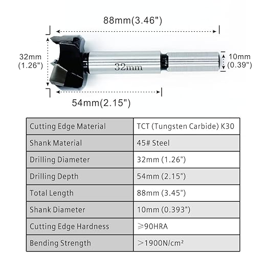 Forstner Drill Bits 32mm(1-1/4 inch) Tungsten Carbide Wood Hole Saw Auger Opener Woodworking Drilling Tool Wood Cutter