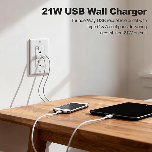 ThunderWay USB Charger Wall Outlet, USB Receptacle with Type A & Type C USB Ports, 20 Amp Tamper Resistant Receptacle Plug, Wall Plate Included, ETL Listed, White, 1 Pack