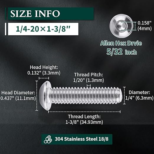1/4-20 x 1-3/8" Button Head Socket Cap Bolts Screws, 304 Stainless Steel 18-8, Allen Hex Drive, Bright Finish, Fully Machine Thread, Pack of 25