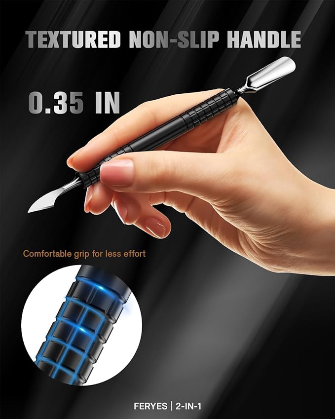 FERYES Upgraded Dual Head Cuticle Pusher Remover Tool - Curved & Chisel Edge Stainless Steel, Ergonomic Non-Slip Handle for Professional Salon & Home Manicure Nail-Black