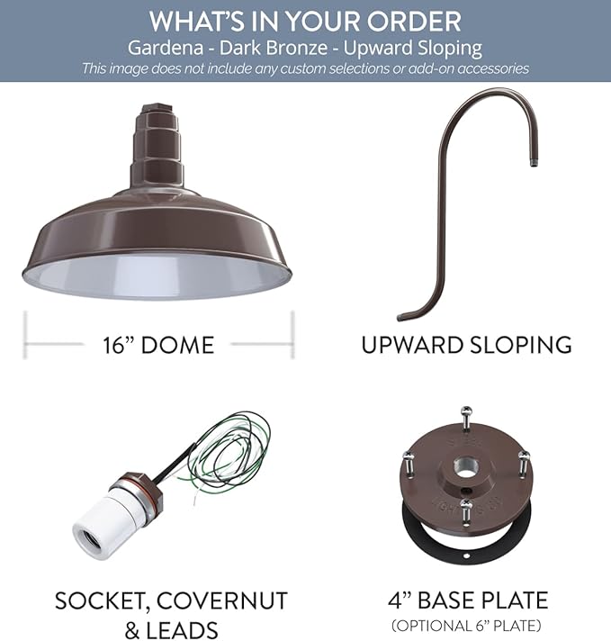 Steel Lighting Co. | Dusk to Dawn | Gardena Barn Light | Outdoor Wall Mounted | 16" Dome | Upslope Gooseneck | Farmhouse Light Made in America | Dark Bronze Exterior/White Interior