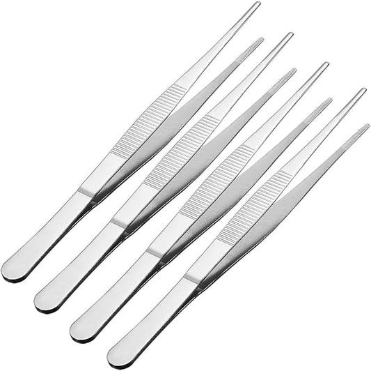 uxcell 4 Pcs 8-Inch Stainless Steel Straight Blunt Tweezers Serrated Tip Daily Garden Tool