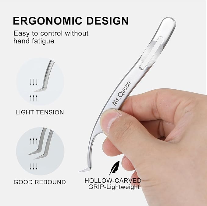 Ms.Queen Eyelash Extension Tweezers,Precision Fine Tip Grip Lash Tweezers for Individual and Volume Eyelash Extensions