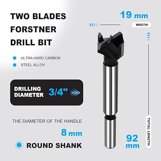 3/4 Inch Forstner Drill Bit Carbide Tipped,Woodworking Hinge Cutter for Precise Flat Bottom Holes in Hard Wood,Plywood,Plastic - Professional Grade